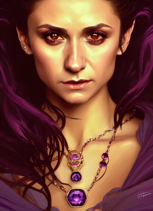 Prompt: portrait of nina dobrev as a vampire queen, jewelry, greek, amethyst, intricate, headshot, highly detailed, digital painting, artstation, concept art, sharp focus, cinematic lighting, illustration, art by artgerm and greg rutkowski, alphonse mucha, cgsociety