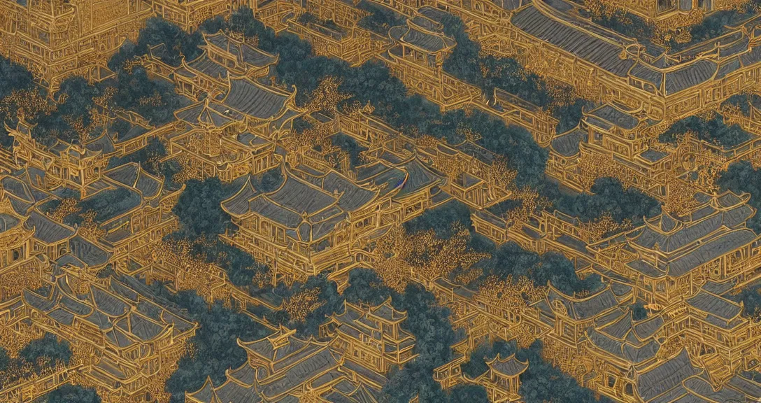 Prompt: amazing exquisite matte painting, close - up portrait of a chinese heavenly palace, sacred, shimmer, exquisite detail, huge details, gold detailed line embellishment, by victo ngai and yukii morita,, james jean, trending on artstation