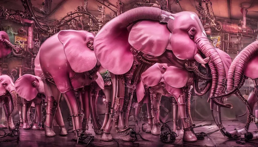 Prompt: a crowd of antropomorphic pink elephants playing steampunk musical instruments in a grindcore show, futuristic, cyberpunk, biomechanical, xenomorphic, photorealistic, ultra detailed, 4 k, chomatic aberration, dof