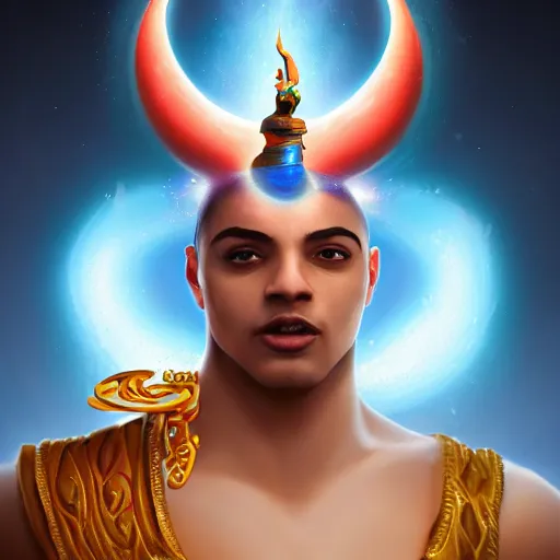 Image similar to all powerful genie, a god, god, ecstatic, infinite power, manic, perfect eyes, full body shot, magical being, magic, portrait, noble, transformation, vivid colors, elegant, concept art, sharp focus, digital art, Hyper-realistic, 4K, Unreal Engine, Highly Detailed, HD, Dramatic Lighting by Brom, trending on Artstation