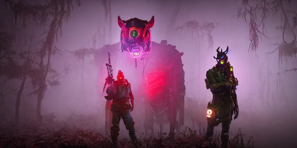 Image similar to inside of strange misty swamp landscape a gamekeeper wearing a steampunk and neonpunk mechanical fluorescent mystical animal mask and red hood. in style of fornite game. night fog,, beautiful render, octane render