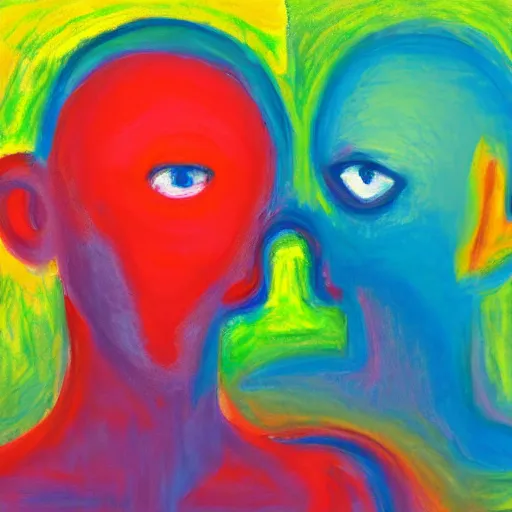 Image similar to two abstract humans from 2 abstract coloured universes, looking at each other in a mirror, across space and time, high definition photorealism, super wide angle lens w 1 0 2 4 h 7 9 8