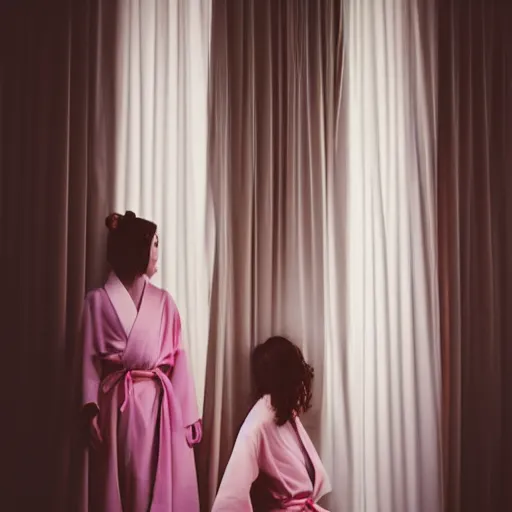 Image similar to over the shoulder photography of two females in open kimonos models behind white curtains in old victorian room, dramatic light, cinestill, flying black marble balls, filmstill, bokeh, long exposure, god rays, magic hour, pink light, warm colors