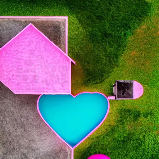 Prompt: a 5 0 mm lens photograph taken from above of a cute pink floating modern house, floating up by a singular heart shaped vibrant tiny ballon from above the house, inspired by the movie up. mist, playful composition canon, nikon, award winning, photo of the year