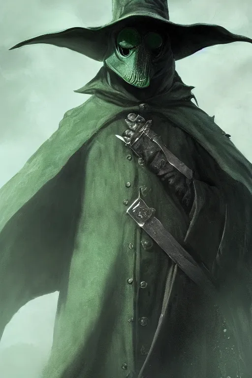 Image similar to A closeup of a green Plague Doctor by Greg Rutkowski, Bloodborne, 4k photorealistic, volumetric lighting, HD, high details, dramatic, dark atmosphere, trending on artstation