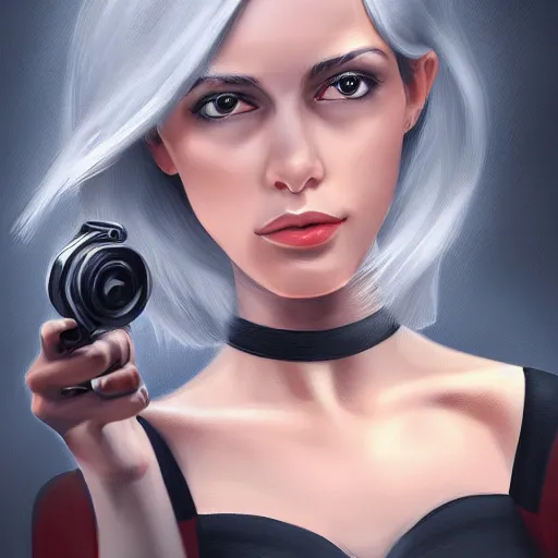 Image similar to a girl wearing a business, she has grey hair and is holding a revolver, digital painting, smooth, hd, realist, artstation, deviantart