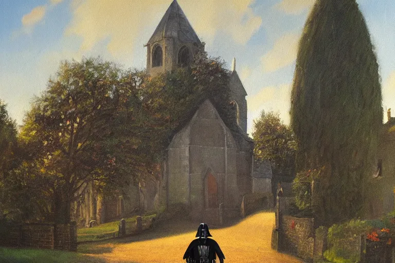 Prompt: a detailed oil painting of darth vader leaving a medieval church in a quaint english village, churchyard, trees, golden hour