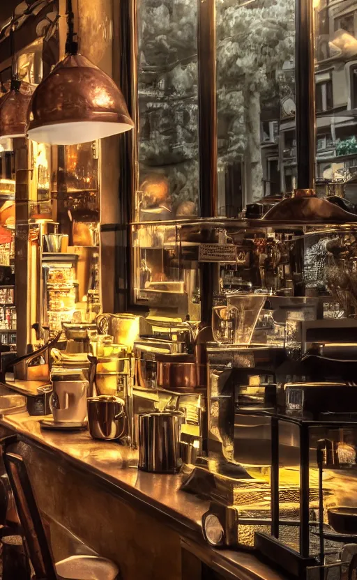 Image similar to close up realistic detailed photo of a cozy coffee shop, hdr, chrome, reflections, volumetric lighting, copper, black, diffuse light