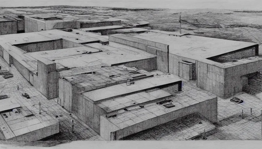 Image similar to big brutalist military base, drawing architecture, very long shot, top angle