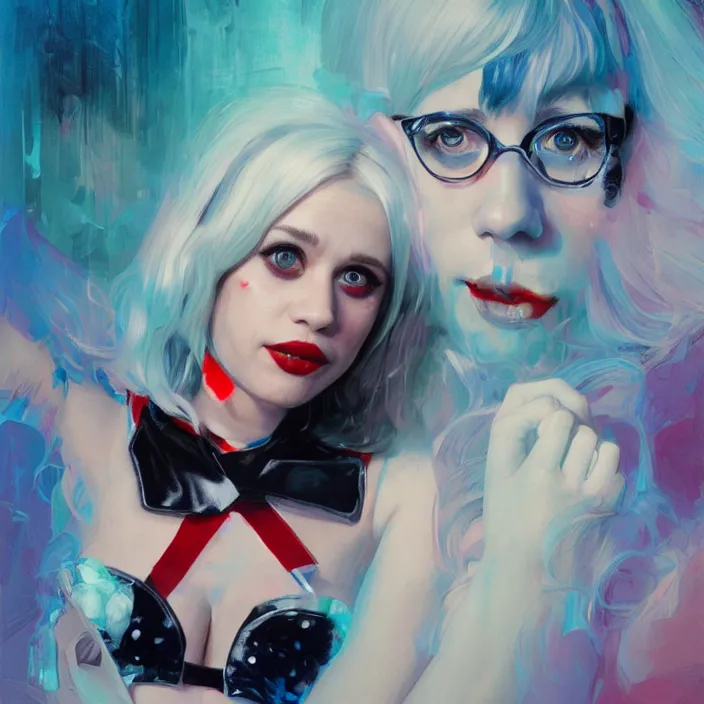 Image similar to portrait of Zooey Deschanel as a harley quinn. intricate abstract. intricate artwork. by Tooth Wu, wlop, beeple, dan mumford. octane render, trending on artstation, greg rutkowski very coherent symmetrical artwork. cinematic, hyper realism, high detail, octane render, 8k, iridescent accents