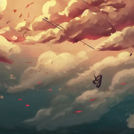 Image similar to background art of flying longswords flowing and floating through the blowing directional wind on a simple cloudy sky background, big puffy clouds, large individual rose petals, angular background elements, polygonal fragments, anime, studio ghibli, artgerm, manga, trending on artstation, art nouveau, mature color scheme