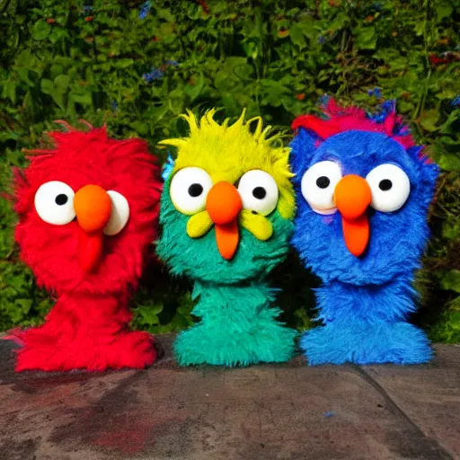 Image similar to three elmo heads in the style of three wolf moon