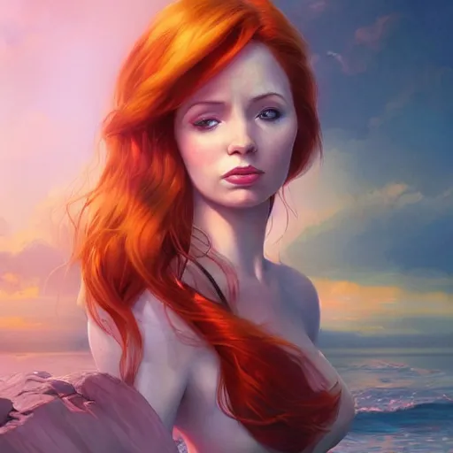 Image similar to Karen Gillian as the little mermaid by Stanley Artgerm Lau, WLOP, James Jean, Andrei Riabovitchev, Marc Simonetti, Yoshitaka Amano, ArtStation, CGSociety