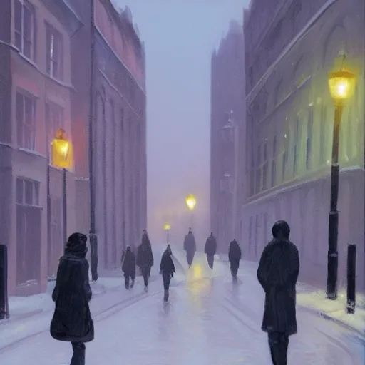 Image similar to two people in the street of london in winters, trending on artstation