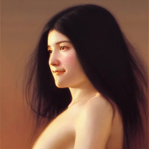 Image similar to Facial portrait of a cute shy woman, looking away from the camera, shy smile, mouth slightly open, lips slightly parted, long flowing black hair, no hands visible, intricate, extremely detailed painting by Henry Justice Ford and by Greg Rutkowski and by Moebius, golden hour