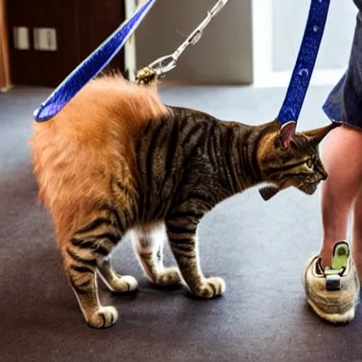 Image similar to a cat standing up on back legs, with a human on a leash as a pet