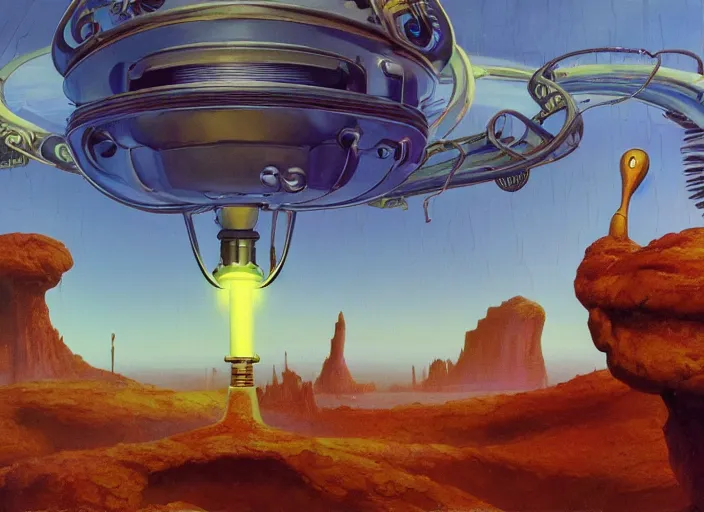 Prompt: close up photograph of a strange surrealist detailed alien electronic-wind-tesla-coil-musical-instrument!!, designed by pixar!!, in the background is a bryce 3d surrealist landscape biome, hyper detailed, photorealistic, John Howe, Peter Andrew Jones, Blacklight fantasy poster, 90s videogame screenshot, 8k, hd