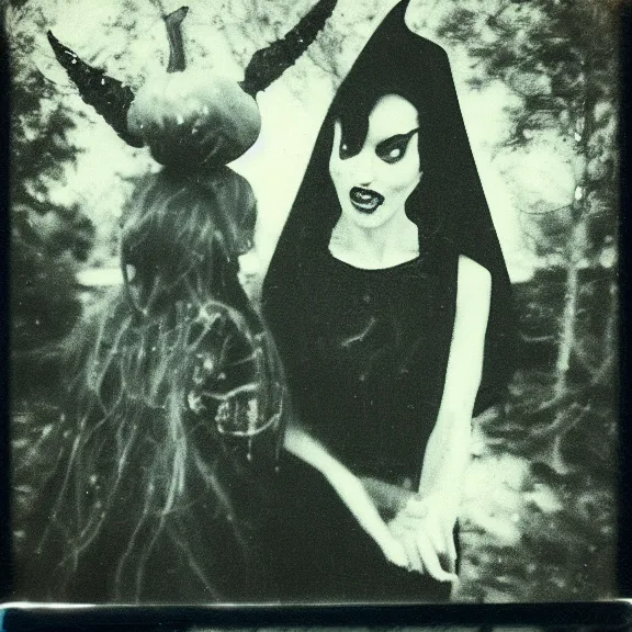 Image similar to a beautiful witch summoning a horrible demon, a polaroid photo taken by lucifer