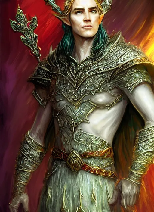 Image similar to elegant elven king wearing a crown, ultra detailed fantasy, dndbeyond, bright, colourful, realistic, dnd character portrait, full body, pathfinder, pinterest, art by ralph horsley, dnd, rpg, lotr game design fanart by concept art, behance hd, artstation, deviantart, hdr render in unreal engine 5