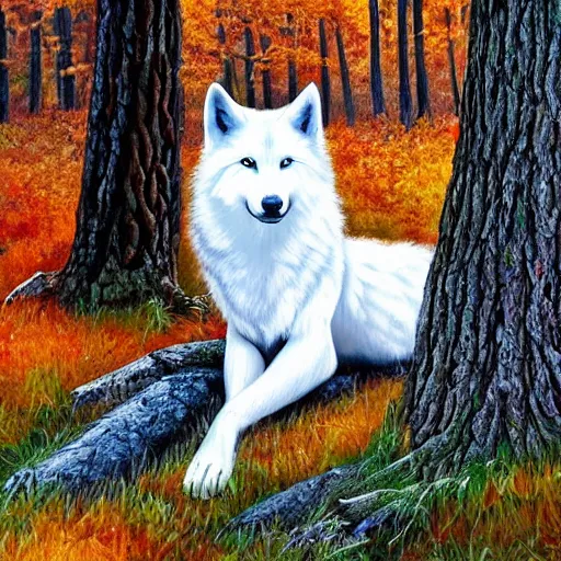Image similar to white wolf with blue eyes in the autumn forest, blue eyes, realistic, 8 к