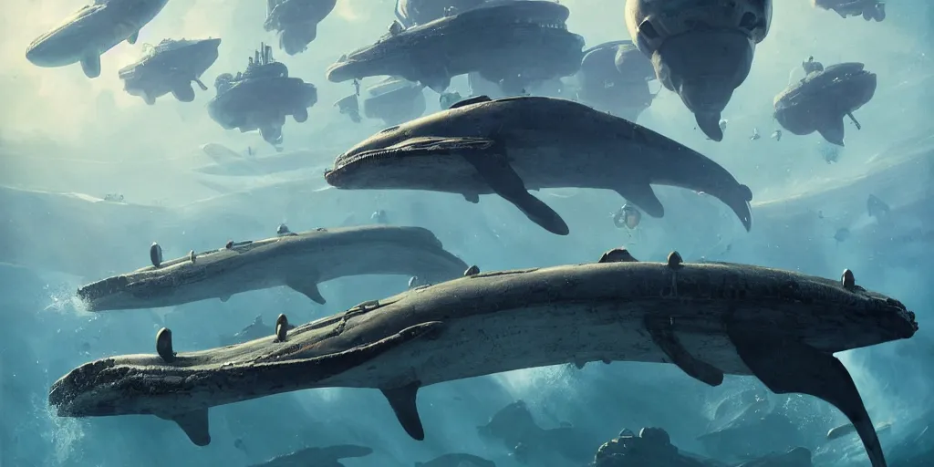 Prompt: Floating steampunk alien whales over a blue ocean, Darek Zabrocki, Karlkka, Jayison Devadas, Phuoc Quan, trending on Artstation, 8K, ultra wide angle, pincushion lens effect.