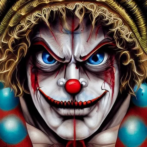 Image similar to 4K headshot of godlike clown with clown nose and defined arms and open hands and bloody clothes with giant mandala wings , intricate runny clown face make-up , flawless anime cel animation by Kentaro Miura, psychedelic , highly detailed upper body , professionally post-processed , beautiful, scary, symmetry accurate features, epic, octane rendered, anime masterpiece, accurate