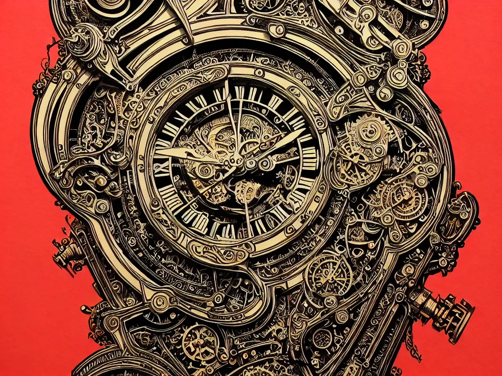 Image similar to ornate steampunk grandfather clock, high details, intricately detailed, by vincent di fate, inking, lineart, 3 color screen print, masterpiece, trending on artstation,, sharp, details, hyper - detailed, hd, 4 k, 8 k