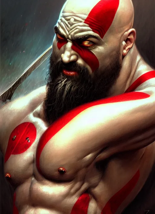 Image similar to closeup portrait shot of kratos with an axe, intricate, elegant, highly detailed, centered, digital painting, artstation, concept art, smooth, sharp focus, illustration, artgerm, tomasz alen kopera, peter mohrbacher, donato giancola, joseph christian leyendecker, wlop, boris vallejo