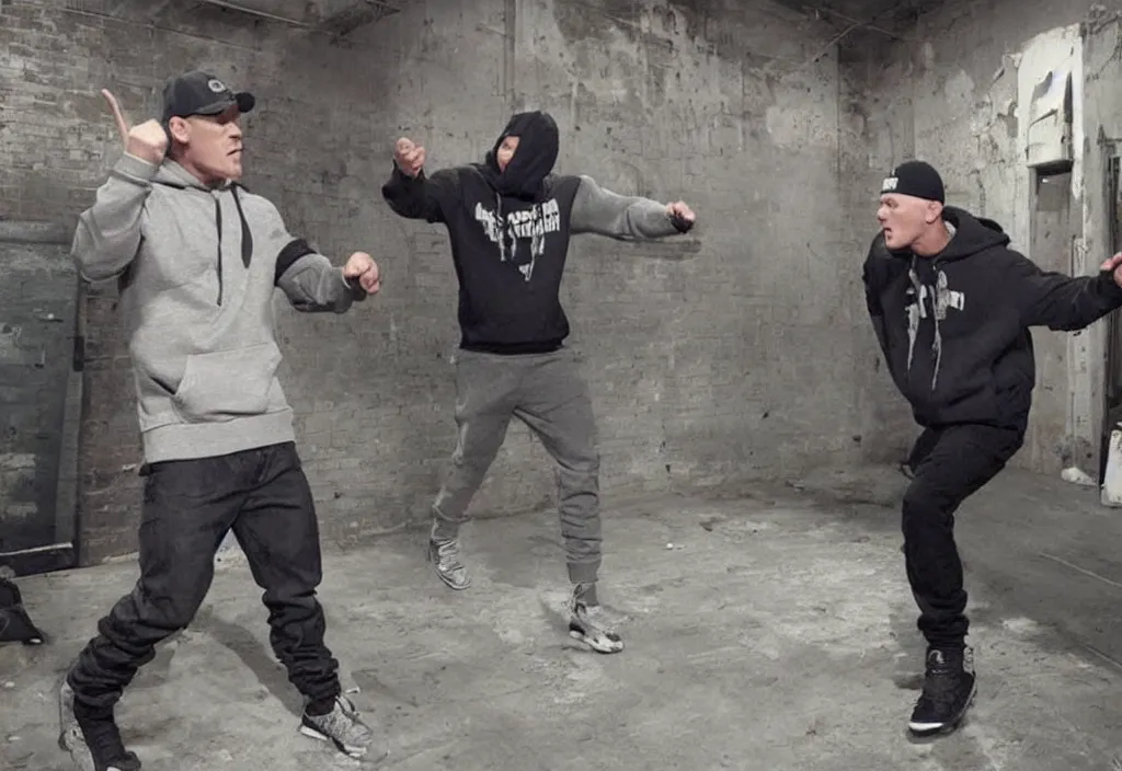 Image similar to john cena with a gray cap and a gray hoodie with the hood on. He's in a rap battle at an abandoned warehouse. Lose yourself by eminem music video.