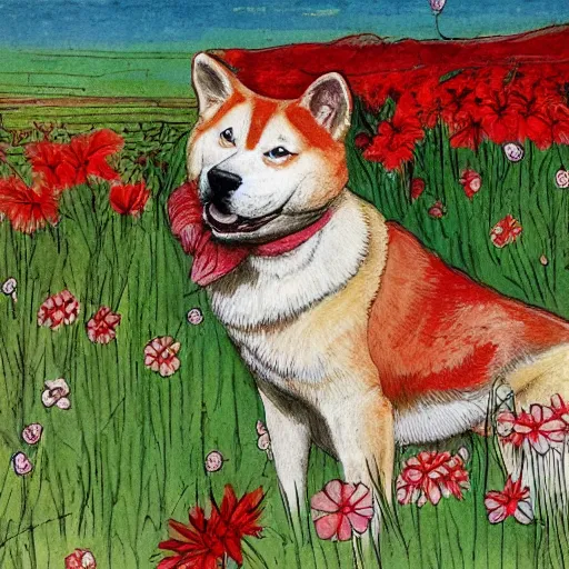 Image similar to a red akita inu wearing a kimono, in a field of flowers, painting in the style of warwick goble, highly detailed