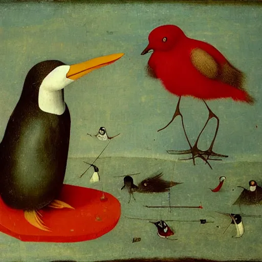 Image similar to red penguin by hieronymus bosch