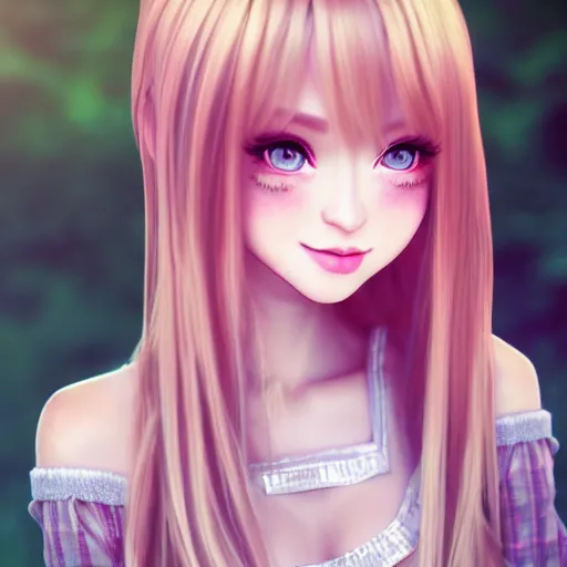 Image similar to beautiful intricate photograph of nikki from shining nikki dress - up game, a cute young woman, light pink hair, long hair with full bangs, full heart - shaped face, amber eye color, pale skin, light blush, chinese heritage,, smiling softly, golden hour, soft focus, 8 k, hyperrealism, hyperdetailed