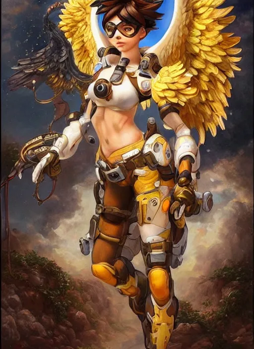 KREA - full body oil painting of tracer overwatch in the style of artgerm,  angel wings, angelic golden armor, dramatic painting, symmetrical  composition, ornate, high detail, gold detailed collar!!!!!, blooming,  lights, flowers