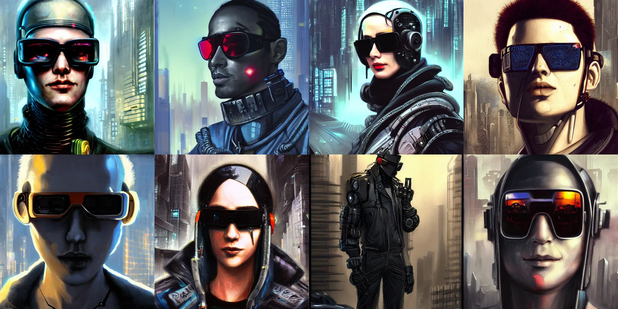 Prompt: A portrait of a cyberpunk character wearing cybernetic sunglasses, cityscape background, gritty, night, techwear, by Rembrandt and Gerald Brom, ultradetailed, concept art, trending on artstation