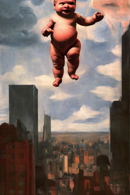 Prompt: evil human giant baby in a diaper, grows up to the sky, against the backdrop of destroyed high - rise building, hauntingly surreal, highly detailed painting by francis bacon, edward hopper, adrian ghenie, gerhard richter, and james jean soft light 4 k,