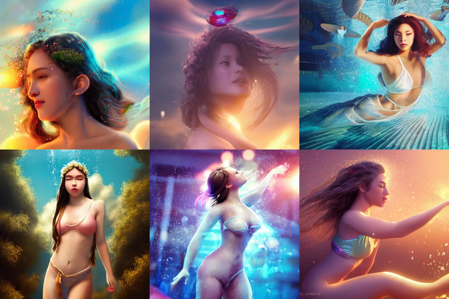 Prompt: a beautiful female goddess of swimming character, character is in all its glory, character is in her natural relaxed pose, rim lights, particles and dust in the air, fancy clouds, highly detailed professional photo, dynamic lights, particles are flying, depth of field, trending on artstation, illustration, hyper realistic, vray caustics, super detailed, colorful accents, cinematic shot