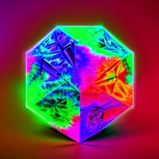 Image similar to a hyperrealistic 3D render of a dodecahedron made entirely of tie dyed Mandelbrot fractals, 8k, 4K, glowing, neon, dramatic lighting, volumetric lighting, octane render,