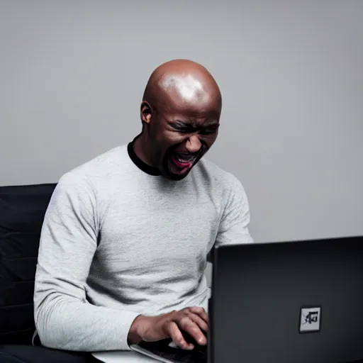 Prompt: bald black man crying while playing on pc