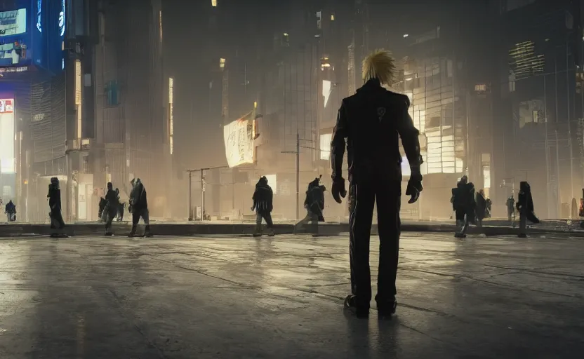 Image similar to anonymous guard with blond hair seen from the back cyberpunk, crowd in front of building detailed, cinematic light, cinematic epic, unreal engine 4 k, 8 k, detailed, ultra realistic, anime