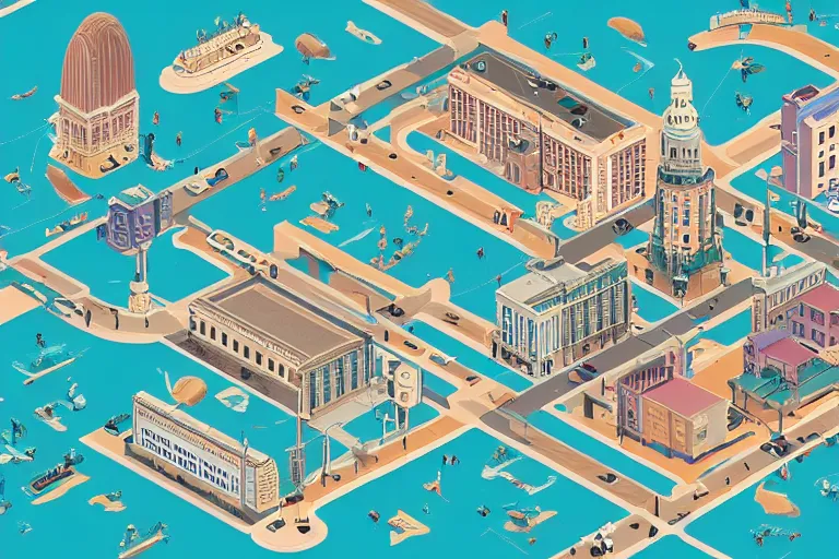 Image similar to highly detailed isometric illustration of a city scape by Wes Anderson, hyperrealistic, photorealistic, artstyle, highly detailed, sharp