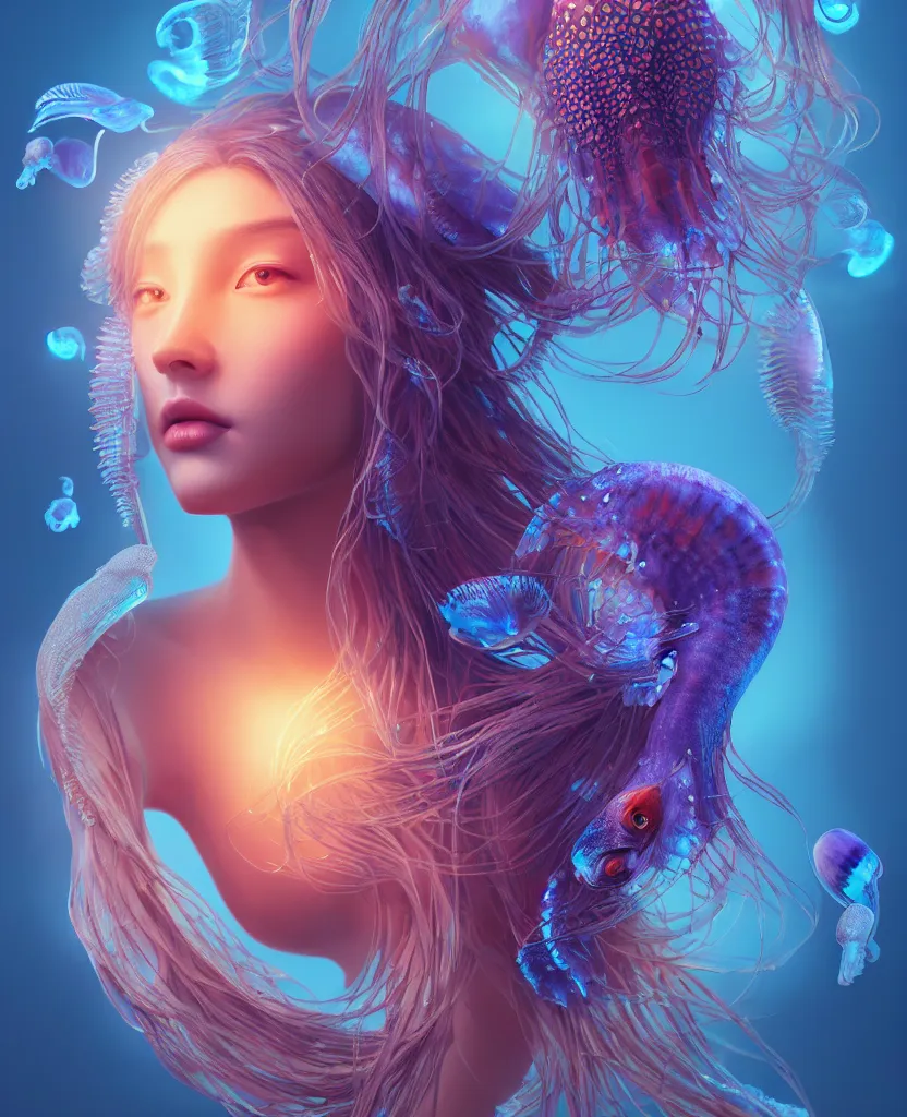 Image similar to goddess close-up portrait. jellyfish phoenix head, nautilus, orchid, skull, betta fish, bioluminiscent creatures, intricate artwork by Tooth Wu and wlop and beeple. octane render, trending on artstation, greg rutkowski very coherent symmetrical artwork. cinematic, hyper realism, high detail, octane render, 8k