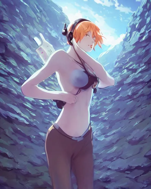 Image similar to a russian blue cat wearing a VR headset, !dream an attractive young female elf with long flowing auburn hair, standing on the beach on the ground front facing, looking at camera, blue water, anime. By Makoto Shinkai, Stanley Artgerm Lau, WLOP, Rossdraws, James Jean, Andrei Riabovitchev, Marc Simonetti, krenz cushart, Sakimichan, trending on ArtStation, digital art.