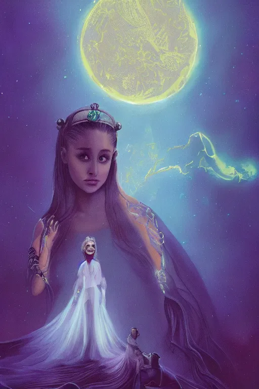 Image similar to queen ariana grande, art by frank kelly & michael bohme, trending on artstation, bioluminescence closeup view illustrator, american romanticism, very very elegant, 4 k hd