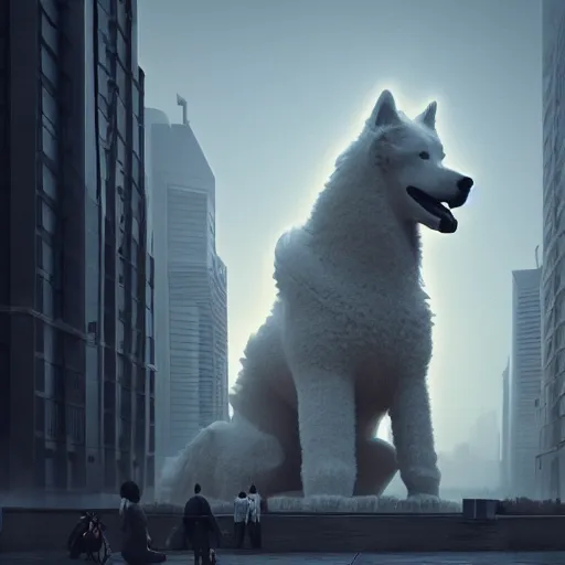 Prompt: a giant samoyed statue in the middle of a futuristic dystopian city, view from the sky, intricate artwork by beeple, beautiful, cinematic lighting, heavy mist, octane render, trending on artstation, greg rutkowski very coherent artwork. cinematic, hyper realism, high detail, octane render, 8k