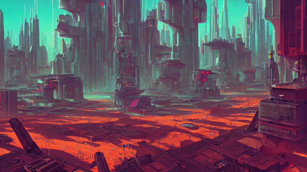 Prompt: futuristic cyberpunk robot city at the other side of nowhere, sharp digital painting. dreaming latent space. concept art. artstation. casey weldon. digital render. dan mumford. clean retro. bruce pennington.