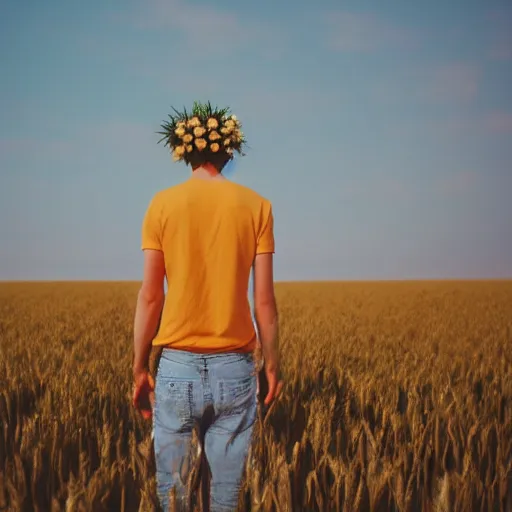 Image similar to lomography color 4 0 0 photograph of a skinny blonde guy standing in a field of wheat, flower crown, back view, golden ratio, light leak, grain, moody lighting, telephoto, 9 0 s vibe, blurry background, vaporwave colors!, faded!,