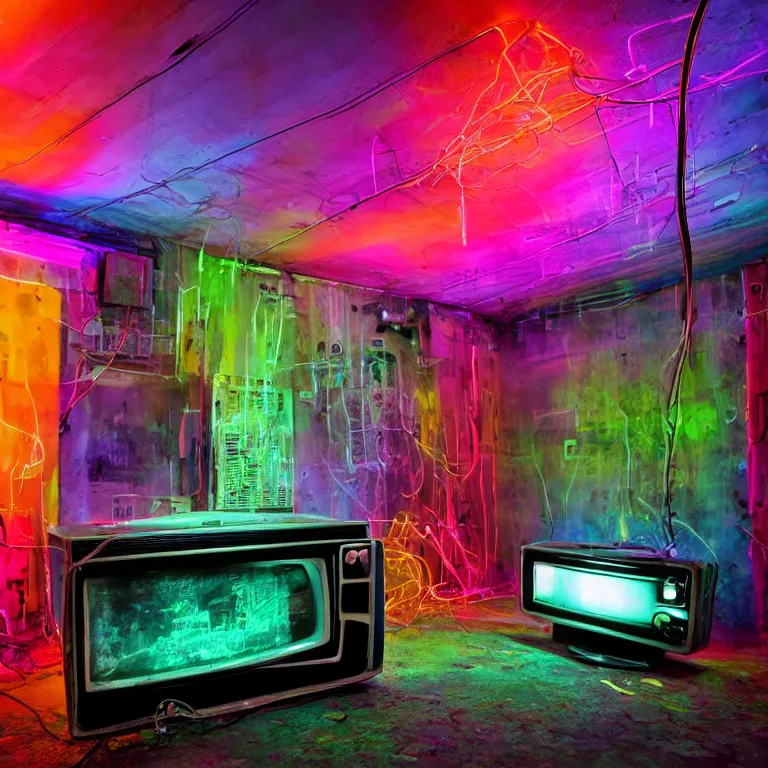 Prompt: old televisions turned on in a dark pool room, wires and VHS tapes hanging from ceiling and walls, obscured hooded person walking, neon colored fluorescent lighting, neon colored haze, vibrant colors, high detail, swampy atmosphere, in the style of liminal space,