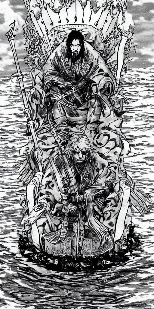 Image similar to a lone king sitting on a throne floating on water in the middle of a lake drawn by Makoto Yukimura in the style of Vinland saga anime, full color