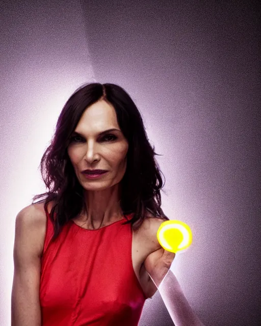 Prompt: Famke Janssen, neon lights and colorful smoke, Hyperreal, Head Shots Photographed in the Style of Annie Leibovitz, Studio Lighting