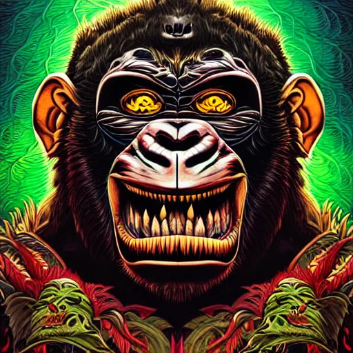 Image similar to barong family member, wiwek, mara demon, one single tribe member, jungle, one single mask, dark, ancient warrior, maniacally laughing grumpy gorilla, lizard, tribal, inner glow, art by dan mumford and justin gerard